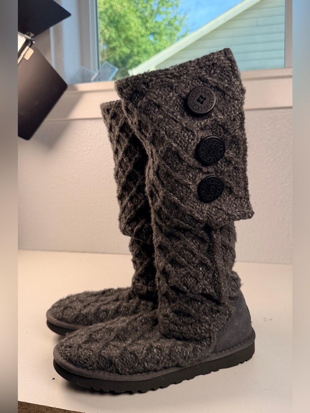 UGG Lattice Cardy Tall Knit Boots Charcoal Gray Womens Size 7